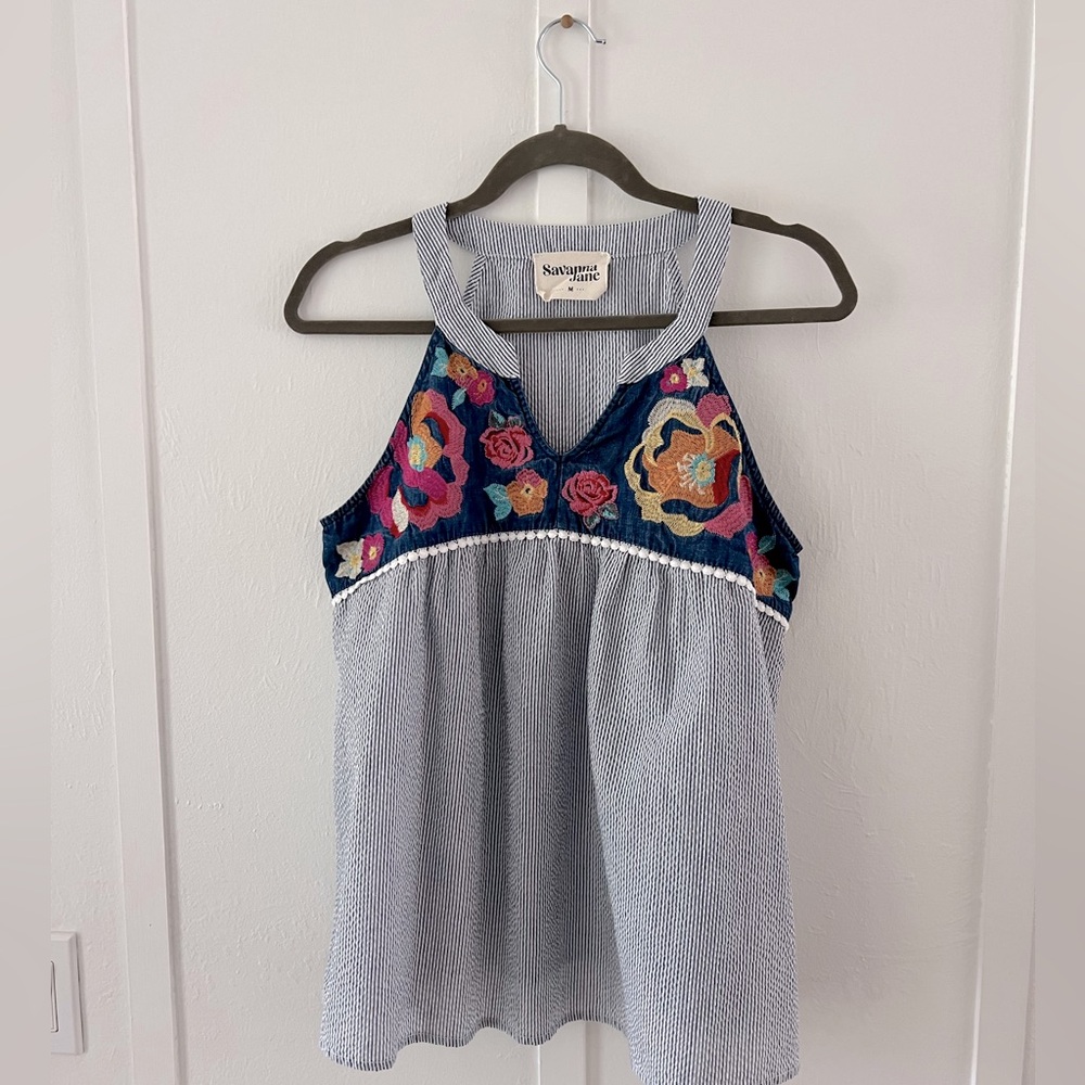 Savanna Jane Seersucker Embroidered Halter Top